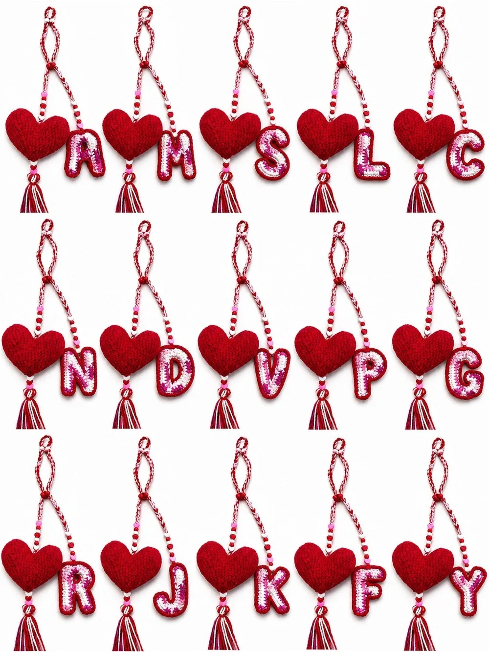 Red Crochet Heart Keychain with Pink Letter A Charm